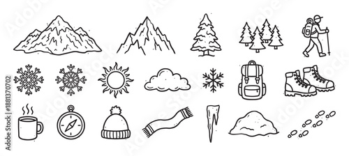 Set of hand-drawn winter hiking icons in a simple doodle style, featuring mountains, trees, a backpacker, snowflakes, a compass, and other outdoor adventure elements