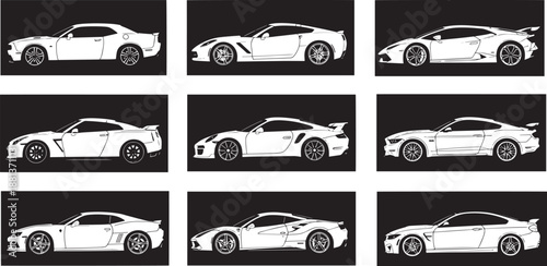 Modern sports cars collection silhouette vector illustration