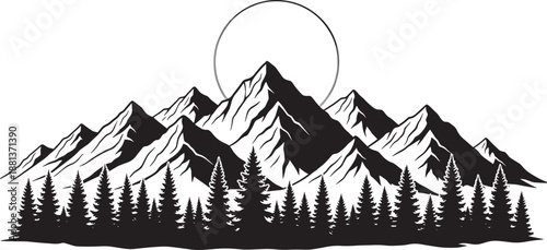 Mountain range with pine trees and sun vector landscape illustration
