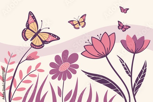 Beautiful butterflies fluttering among delicate pink flowers in a garden.