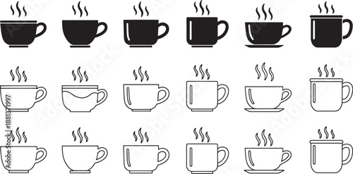 Hot coffee mugs set, outline and solid steam cups, various designs, vector