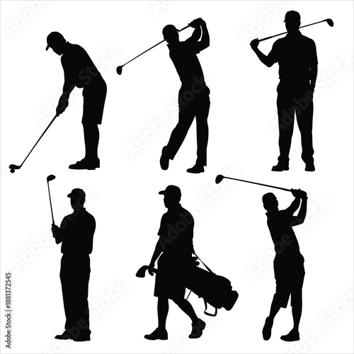 Professional Golfer Silhouettes Set, Male Golf Players in Action Poses Isolated on White Background 