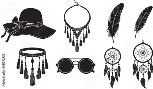 Bohemian fashion accessories collection with silhouettes on vector