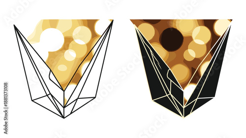 Geometric paper plane logos with golden bokeh background