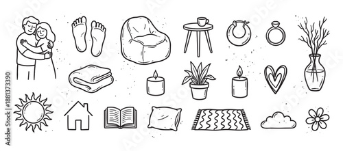 Hand-drawn doodle icon set representing a cozy home life with a couple, furniture, plants, and other comfort elements in a simple black and white minimalist sketch style