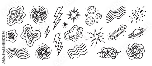 Collection of hand-drawn space themed doodles with planets, galaxies, stars, lightning bolts, and abstract scribbles in a minimalist black and white line art illustration style