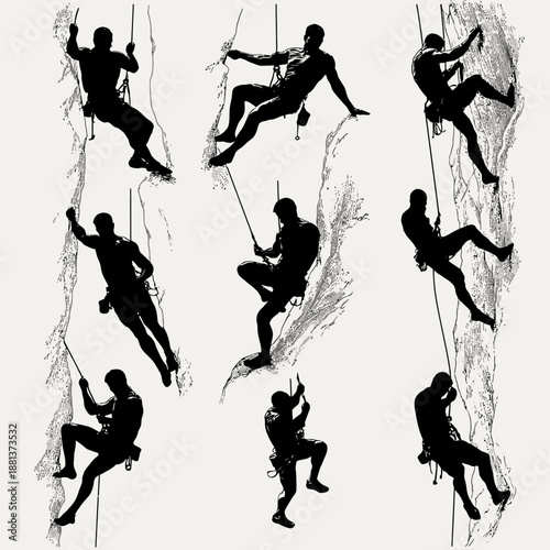 Extreme Rock Climbing and Rappelling Silhouettes Collection: Dynamic Male Climbers in Various Poses with Gear for Sports Design