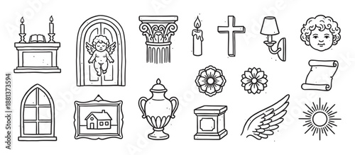 Collection of hand-drawn black line icons featuring religious and architectural symbols like an angel, cross, column, candle, and sun in a simple doodle tattoo flash art style