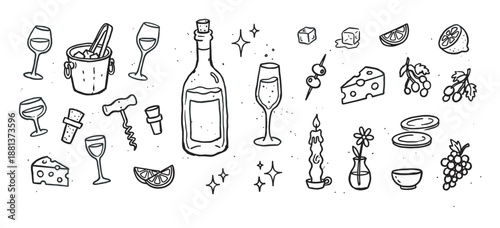 Hand-drawn set of wine and food doodle icons for a romantic dinner or party, including a bottle, glasses, cheese, grapes, and a candle in a sketchy black line art style