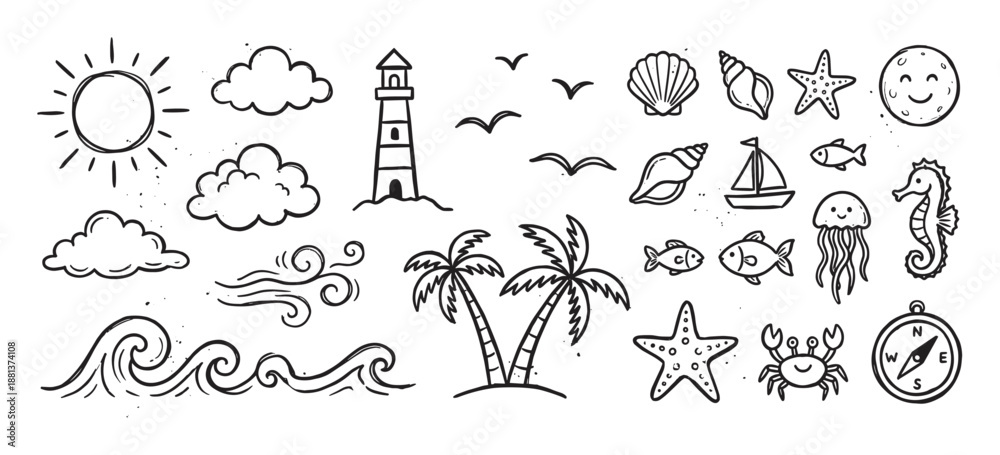 Naklejka premium Hand-drawn doodle illustration set of summer beach and ocean elements including a sun, lighthouse, palm trees, sea animals, and waves in a cute black and white sketch style