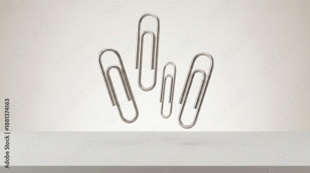 Obraz premium Floating silver paperclips 3D rendering on neutral background