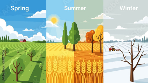 Seasons of the Year: A visual journey through the four seasons, each segment vividly portrays the unique characteristics of spring, summer, autumn, and winter. showcasing a changing landscape 