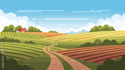 Rural Harmony: Capturing the simple elegance of a sun-kissed countryside, this image showcases a scenic view of a farmhouse nestled amongst rolling fields.