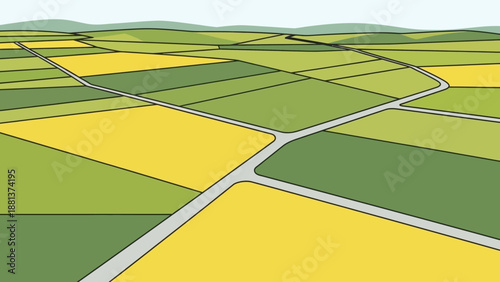 Geometric Farmland: An aerial perspective reveals a vibrant patchwork of farmland fields, interwoven by a network of intersecting pathways.