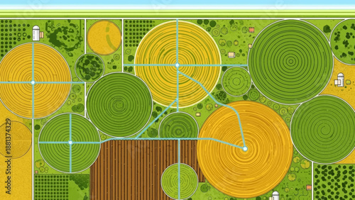 Agricultural Irrigation: A vibrant, top-down view of a modern farm, showcasing the efficient circular irrigation of crops, a testament to agricultural innovation.
