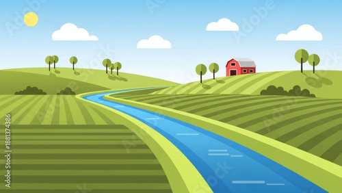 Serene Countryside: A picturesque vista unfolds, a meandering river snakes through rolling fields. A rustic barn nestled amidst the green hills, illuminated by a radiant sun.