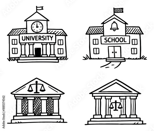 Hand drawn line art educational and legal building set featuring university, school, and courthouse icons for institutional representation