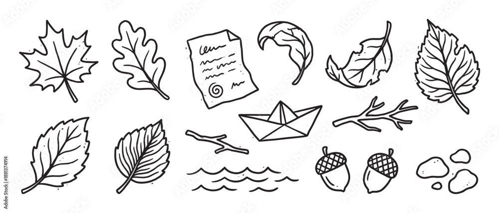 Fototapeta premium Collection of hand-drawn autumn doodles featuring various leaves, acorns, a paper boat, and a letter in a charming black and white line art style for a cozy seasonal concept