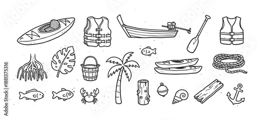 Collection of hand-drawn nautical illustrations featuring a kayak, boat, life vest, palm tree, and sea creatures in a simple black and white doodle style for adventure themes