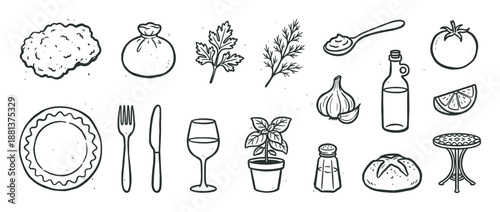 Collection of hand-drawn food icons featuring bread, wine, olive oil, herbs, and cutlery in a simple black and white doodle style for a restaurant or menu concept
