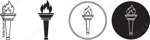 Flaming torch icon silhouette set vector illustration outline and solid style