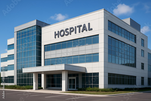 Modern hospital exterior with large glass windows and a white façade. The word 