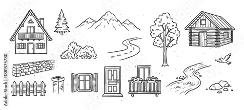Hand drawn black and white sketch collection of nature and village objects including a chalet, log cabin, mountains, road, river, and trees in a charming doodle style