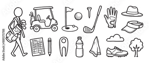 Set of hand-drawn golf equipment icons in a black and white doodle style, featuring a golfer, cart, club, ball, and other essential accessories for the sport