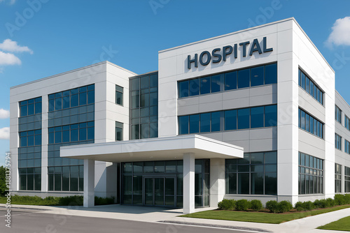 Modern three-story hospital building with large windows, white facade, and 