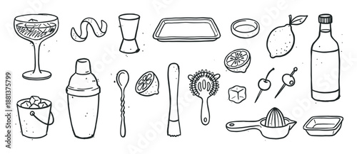 Collection of hand-drawn cocktail making tools and ingredients in a minimalist black and white line art style, including a shaker, jigger, glass, lemon, and ice bucket
