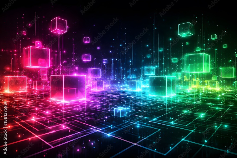 Fototapeta premium Vibrant neon cubes and glowing grid creating an abstract digital network or data landscape