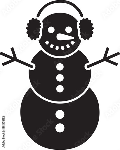 Black and white snowman with earmuffs and a smiley face