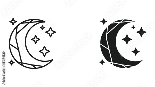 Crescent moon icon with stars in black and white