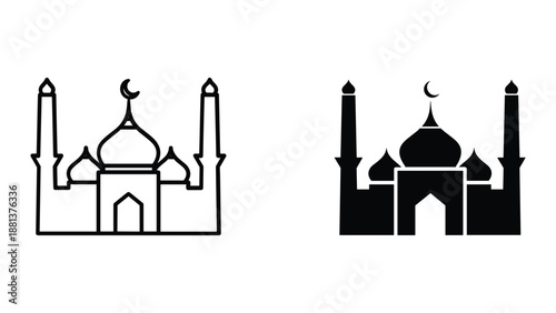 Mosque icon set with crescent moon symbol