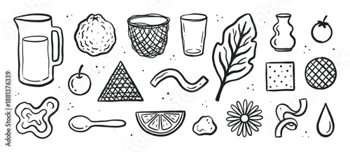 Hand-drawn black and white doodle collection with various simple sketches of food, nature, and geometric elements, created in a playful and minimalist ink line art style