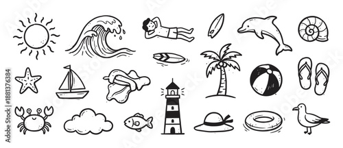 Collection of hand-drawn summer beach icons in a simple black and white doodle style, featuring a sun, wave, palm tree, dolphin, and other vacation-themed elements