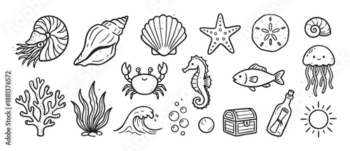 Set of charming black and white ocean-themed doodles featuring various sea creatures like a nautilus, crab, and jellyfish, along with shells, coral, and a treasure chest