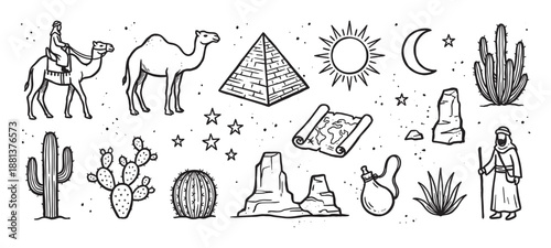 Set of hand drawn desert travel icons featuring a camel, pyramid, cactus, sun, moon, ancient map, and traveler in a black and white doodle sketch illustration style
