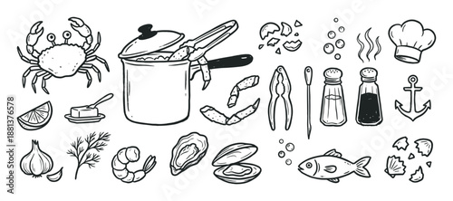 Hand-drawn seafood cooking icon set featuring a crab, shrimp, fish, oysters, a boiling pot, and kitchen utensils in a black and white doodle sketch illustration style