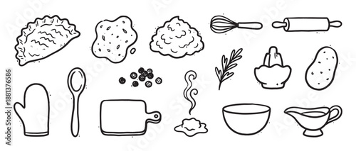 Hand-drawn black and white cooking icons set with pierogi, mashed potatoes, kitchen utensils, and ingredients in a simple doodle sketch style for culinary themes