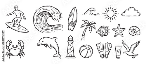 Collection of hand-drawn summer beach icons featuring a surfer, ocean wave, dolphin, palm tree, and other seaside elements in a black and white doodle line art style illustration set