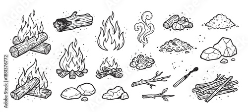 Hand-drawn black and white campfire illustration set with various elements like logs, flames, rocks, and smoke in a vintage doodle style for camping and survival themes