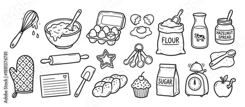 Set of hand-drawn baking illustrations featuring essential kitchen tools and ingredients like flour, sugar, eggs, a whisk, a rolling pin, and an oven mitt in a cute doodle style