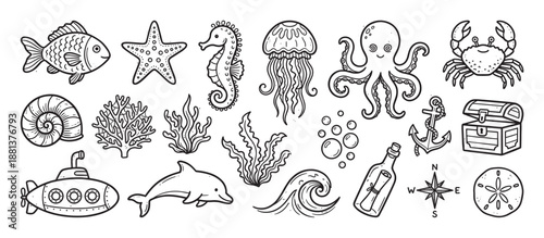 Set of hand-drawn sea life illustrations featuring a fish, octopus, crab, dolphin, and other marine elements in a cute cartoon doodle style, perfect for coloring or design