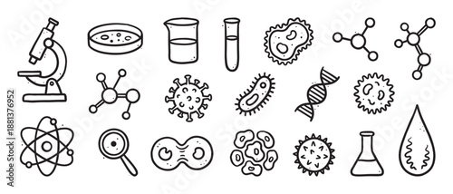 Set of hand-drawn science icons in a black and white doodle style, featuring a microscope, bacteria, DNA, molecules, and laboratory equipment for biology and chemistry concepts