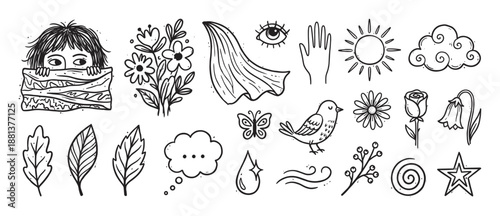 Set of hand-drawn doodle illustrations featuring a peeking person, flowers, a bird, sun, and other nature elements in a black and white sketchy ink style for creative projects