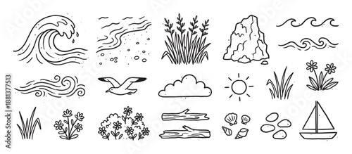 Collection of hand-drawn beach and nature doodles featuring a wave, sailboat, sun, cloud, bird, rock, and plants in a simple black and white line art sketch style