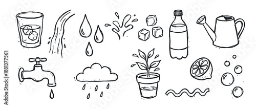Set of hand-drawn water-themed doodle illustrations including a glass with ice, bottle, faucet, watering can, plant, lemon, drops, splash, and bubbles in a simple black line art style