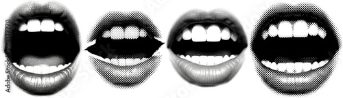 A series of four grayscale open mouths displaying teeth rendered with grunge and halftone textural effects creating a dramatic visual sequence lips black and white scream transparent background