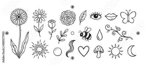 Set of hand-drawn doodle elements featuring flowers, a bee, butterfly, sun, moon, and mystical symbols in a minimalist black and white line art style for creative projects